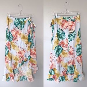 Red + Olive tropical print wrap skirt